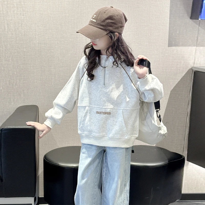 女童卫衣春秋装2025新款女孩大童韩系穿搭立领上衣初中生秋季衣服