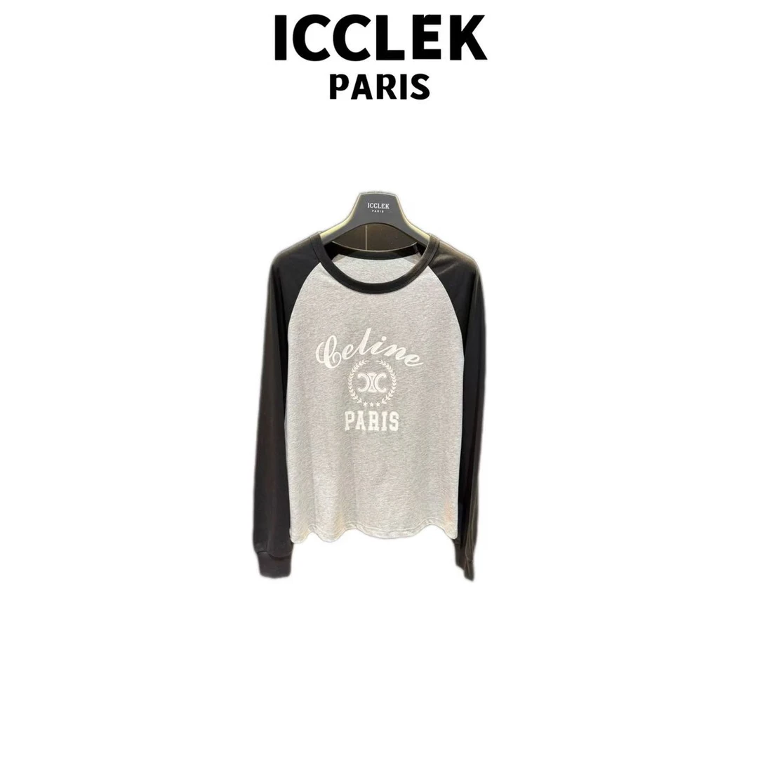 ICCLEK 灰色撞色字母印花长袖T恤 气质 轻奢 名媛 -9082