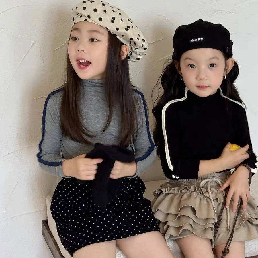 女童撞色半高领打底衫秋季2025新款儿童装女宝宝小众修身长袖黑色