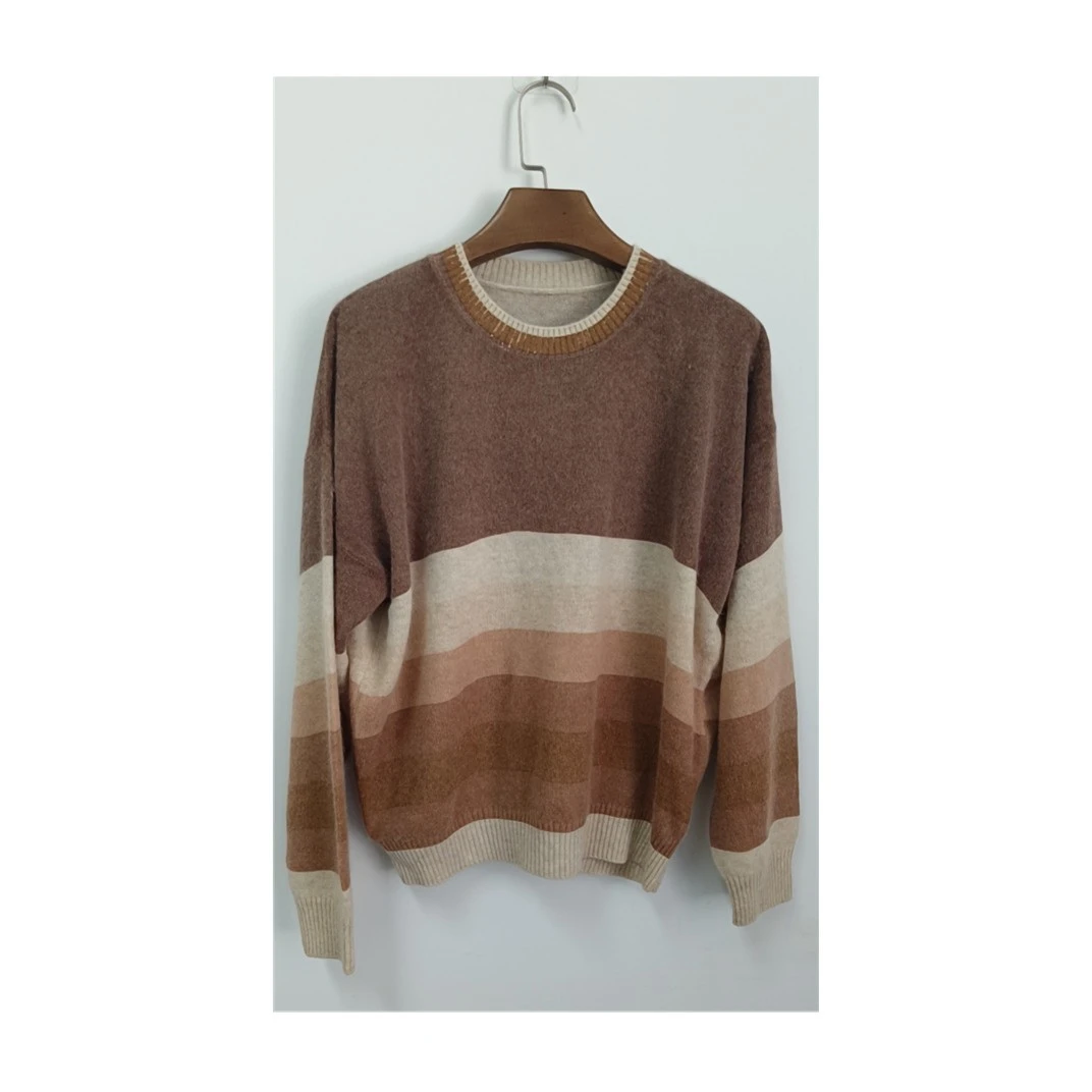 悦享女装2021秋冬新款休闲长袖圆领条纹宽松慵懒时尚针织保暖毛衣