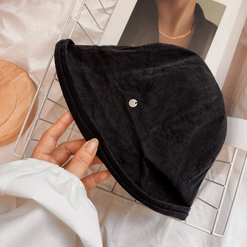 柒瑾 日系亚麻渔夫帽春季新款显脸小复古遮阳盆帽百搭水桶帽