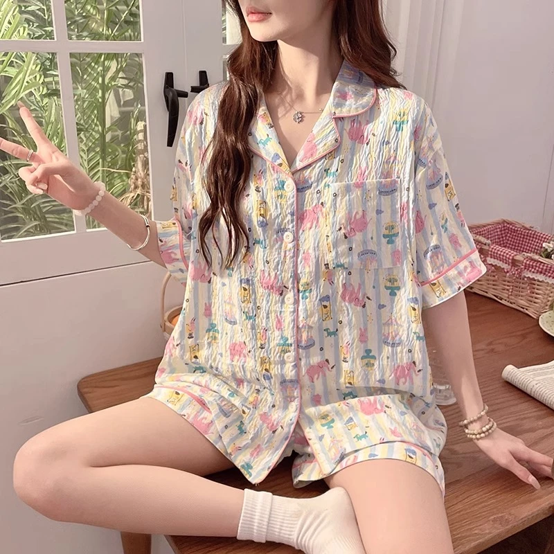 带胸垫月子服春夏薄款短袖纯棉孕妇哺乳睡衣夏季两件套怀孕期家居