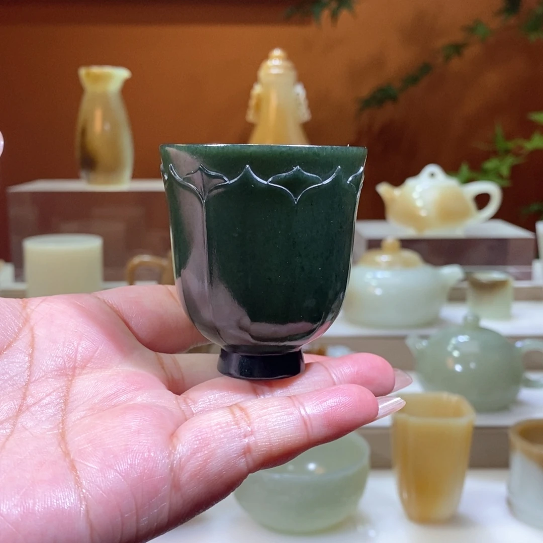 和田玉未镶嵌摆件青玉莲花杯福利一口价