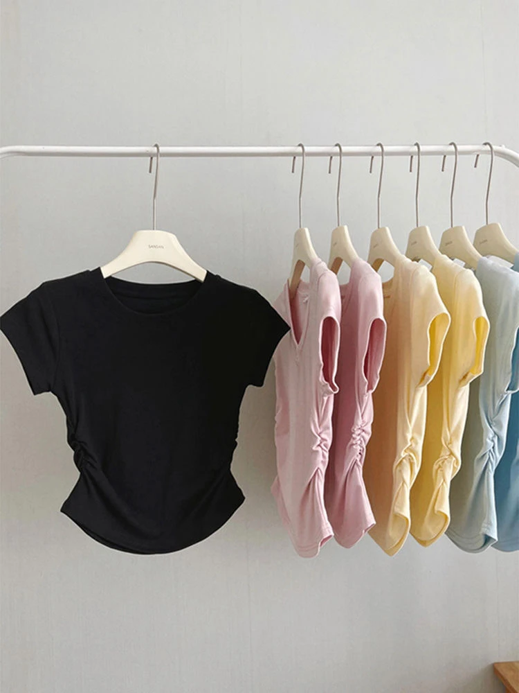 圆领正肩短袖T恤女甜辣妹褶皱收腰修身小个子短款多巴胺上衣