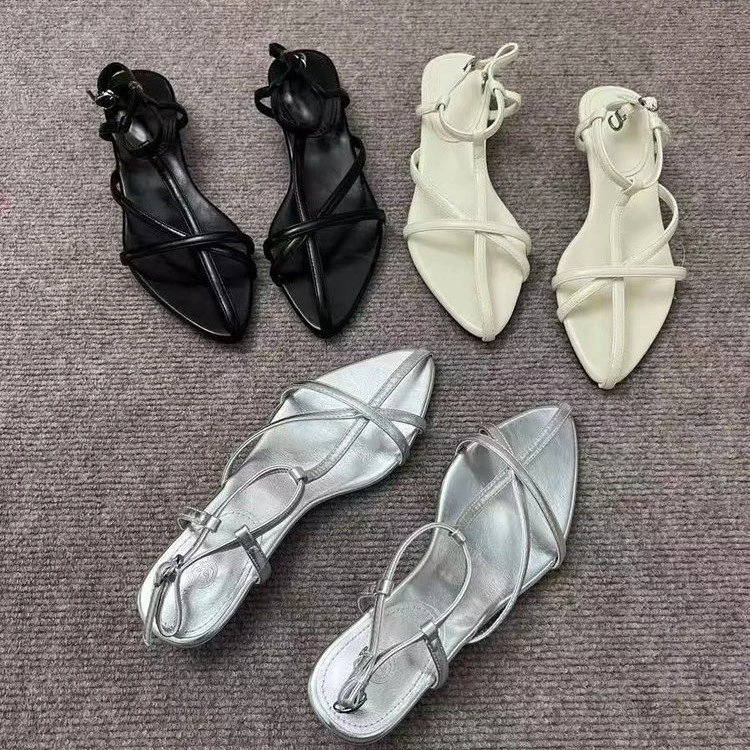 新款夏季外穿法式银色交叉带凉鞋尖头细带罗马鞋时尚厚底鞋女夏季