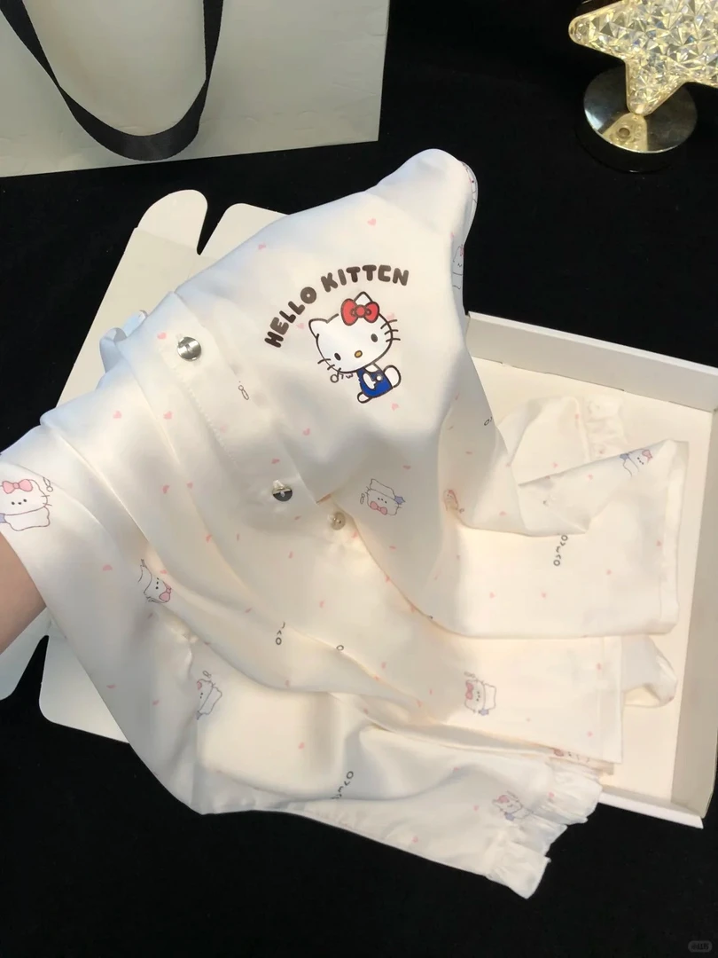 甜美风可爱卡通满印kitty冰丝睡衣女秋季新款宽松大码家居服套装