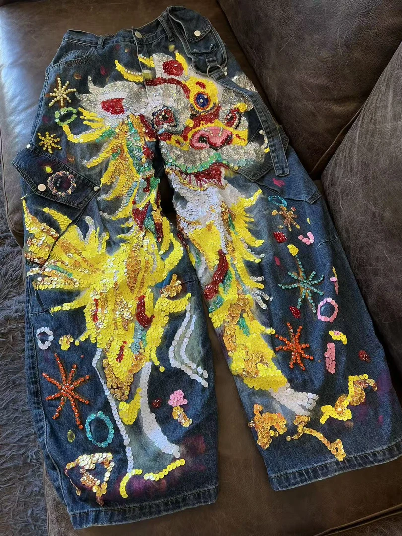 A798 直筒时尚休闲百搭夏季复古中式重工宽松蓝色龙图案裤子