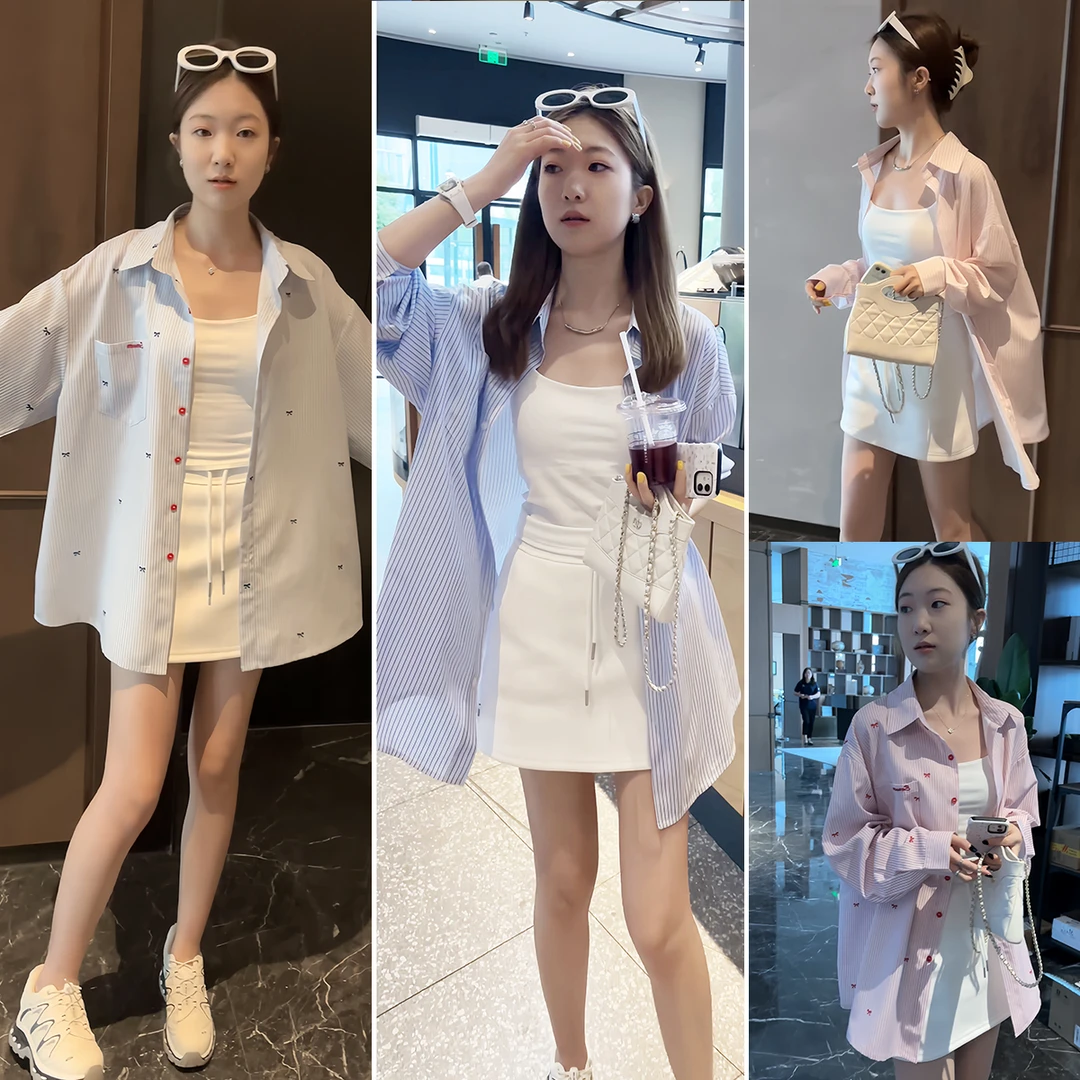 条纹蝴蝶结长袖中长款衬衫上衣2025年夏季新款宽松时尚防晒衬衫女