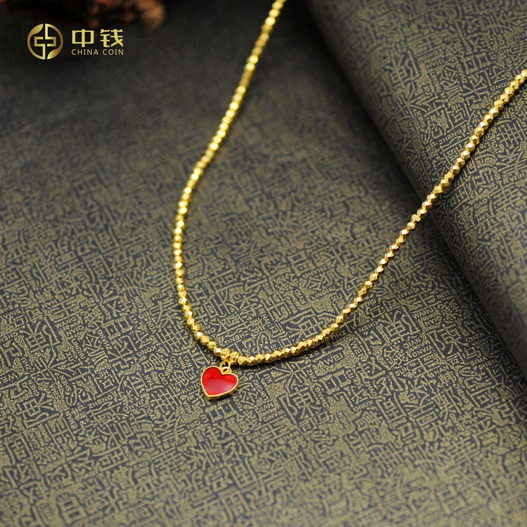 情人节送女友 足金古法蹦迪珠爱心项链