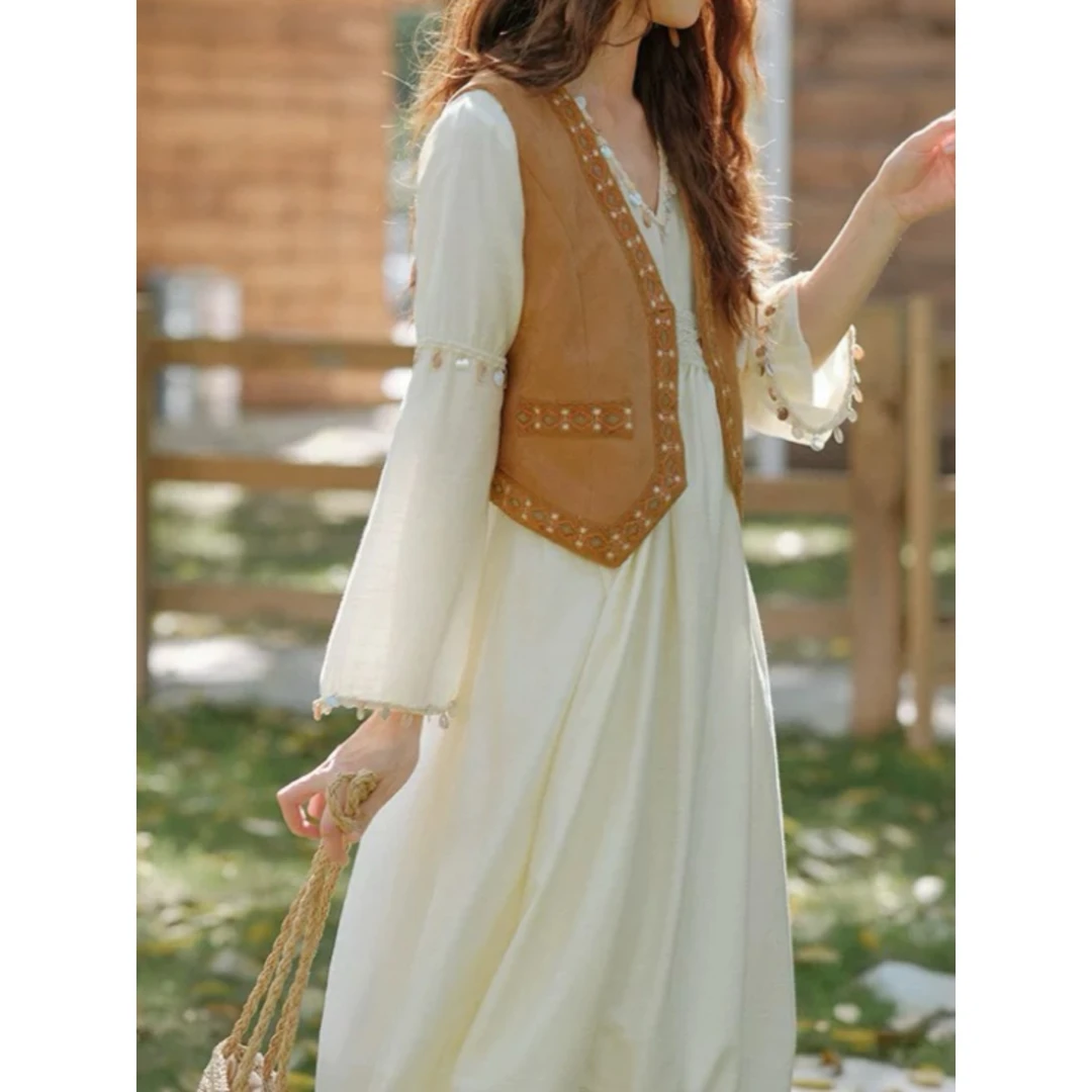 奶咖~波西米亚风复古连衣裙甜美温柔风长袖V领民族风度假拍照长裙