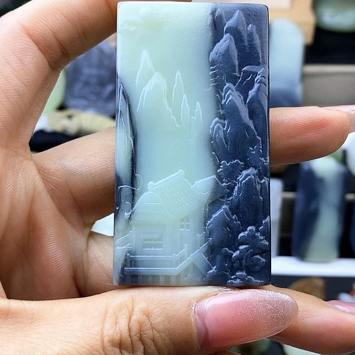 和田玉未镶嵌颈饰和田玉青花无事山水牌吊坠