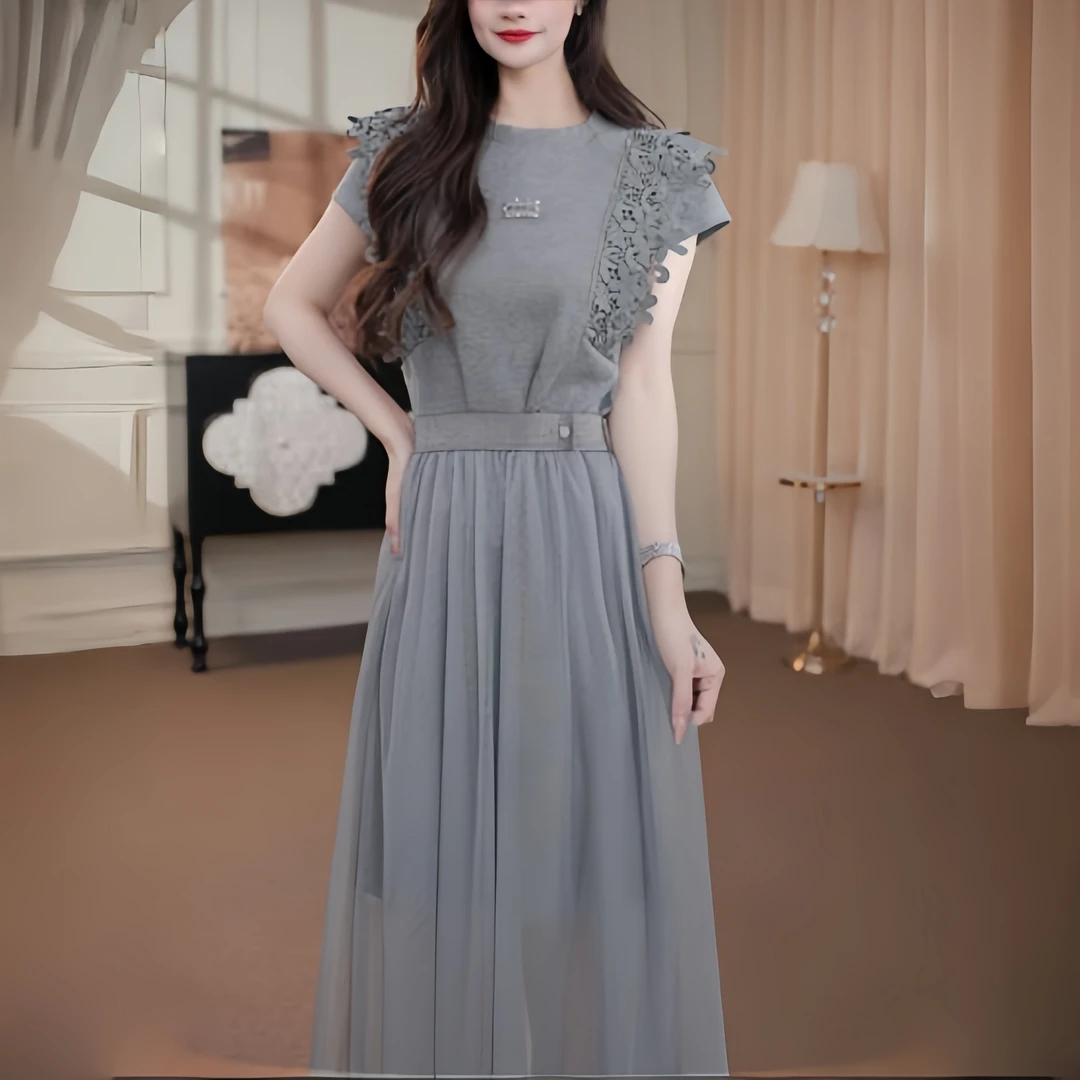 时尚法式短袖连衣裙夏季新款气质收腰显瘦纱网拼接休闲裙子两件套