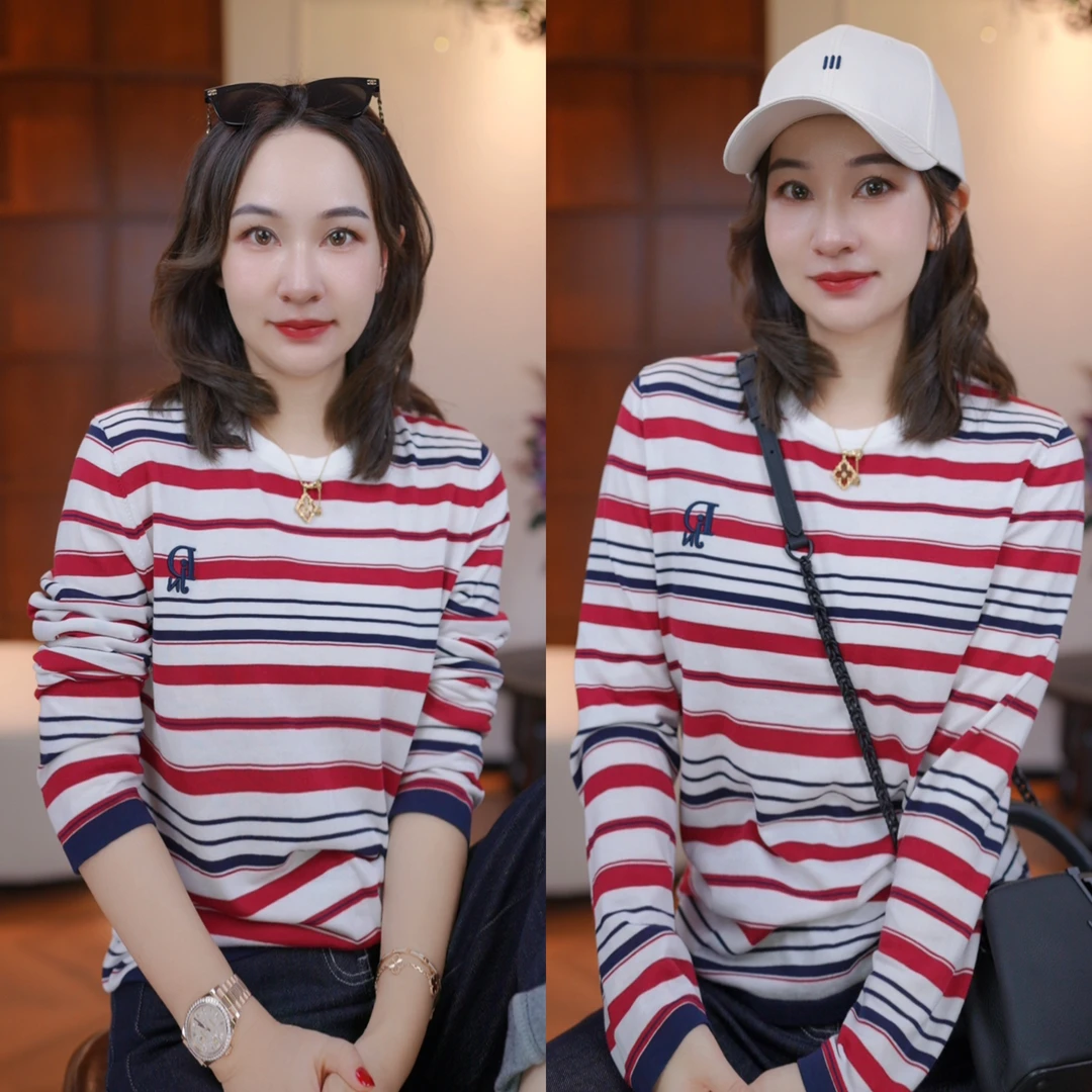 JDND轩羽【撞色条纹】桑蚕丝+莱赛尔 长袖上衣刺绣针织小衫XY25406