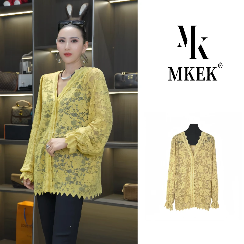 816韩版早春季新款时尚复古风V领拼接设计感显瘦蕾丝开衫百搭