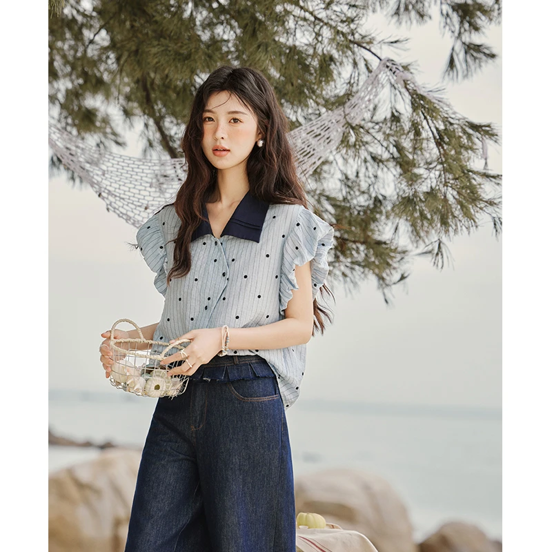 谜秀波点刺绣衬衫女2025夏显瘦上衣设计感独特别致短袖衬衣航海系