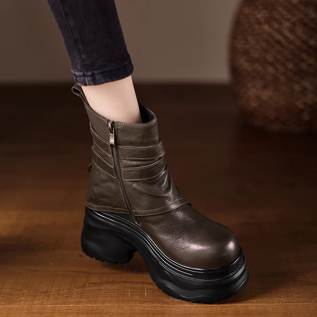 小个子手工女鞋12cm~厚底增高卡其色裤管靴高级感马丁靴百搭短靴
