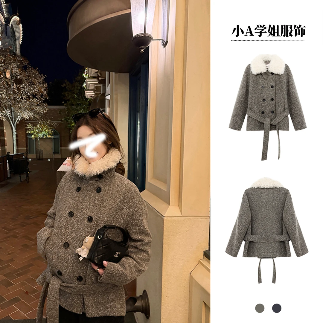 '伯克利冬日' 双排扣廓形毛领毛呢系带大衣女冬韩版宽松时尚气质