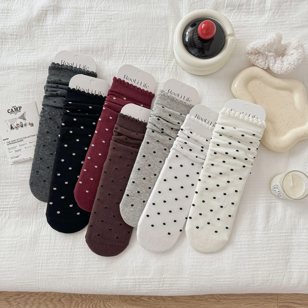 袜子春夏中筒木耳边波点中筒堆堆无骨袜校园精梳棉袜