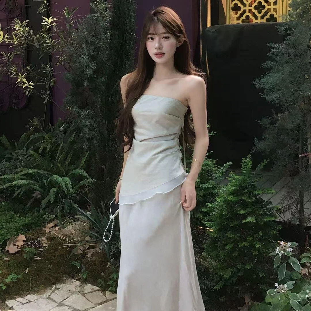 禅意新中式不规则抹胸连衣裙子女夏季2025新款小个子气质包臀套装