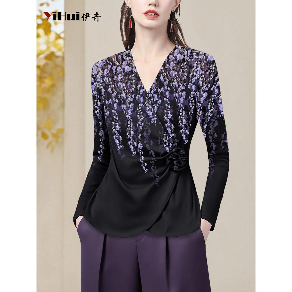 YIHUI伊卉紫色花印花衬衫女设计感玫瑰花弹力长袖上衣SH257191