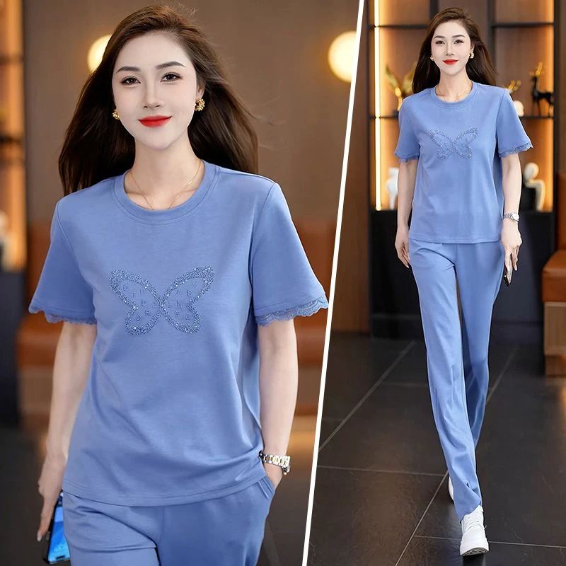 时尚蝴蝶刺绣短袖上衣直筒裤休闲显瘦运动套装女夏季减龄穿搭整套