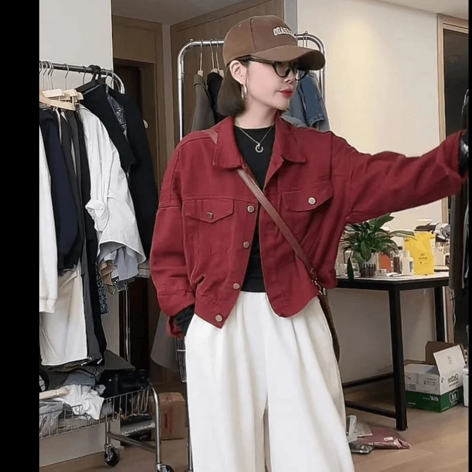 00413高级感安哥拉红短款牛仔外套女秋季新款休闲百搭夹克上衣