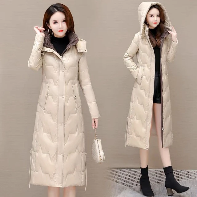 冬季女士过膝中长款羽绒棉服加厚保暖可脱卸帽修身气质棉衣外套