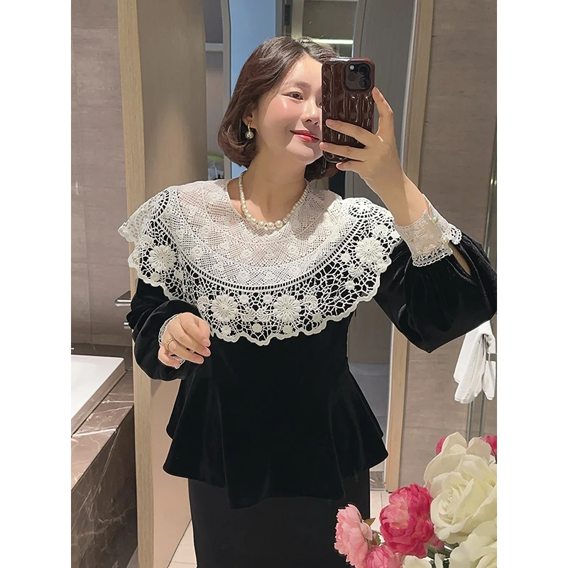 【DIS 定制】【蕾丝糖纸】冬季圆领蕾丝拼接丝绒长袖衬衫Z524C20780