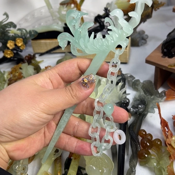 定制蛇纹石玉龙***猫毛货发饰