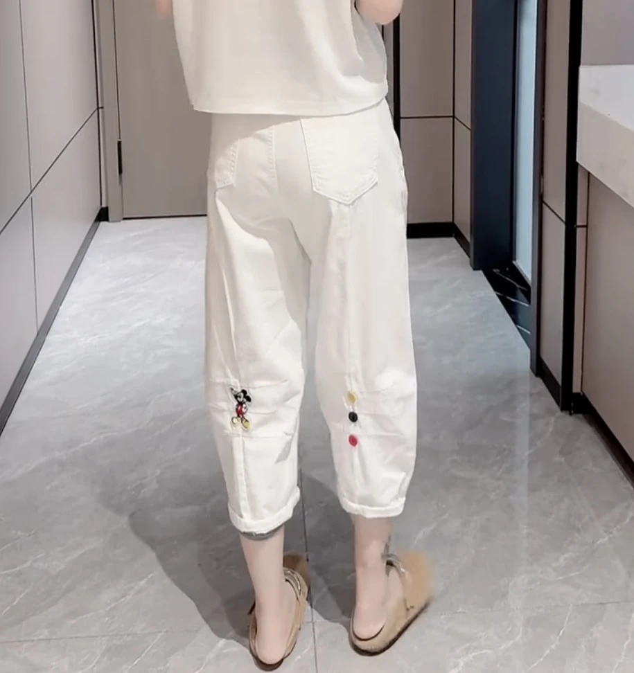 萱贝纯白色洋气减龄哈伦牛仔裤女2025秋季薄款宽松潮流八分老爹裤