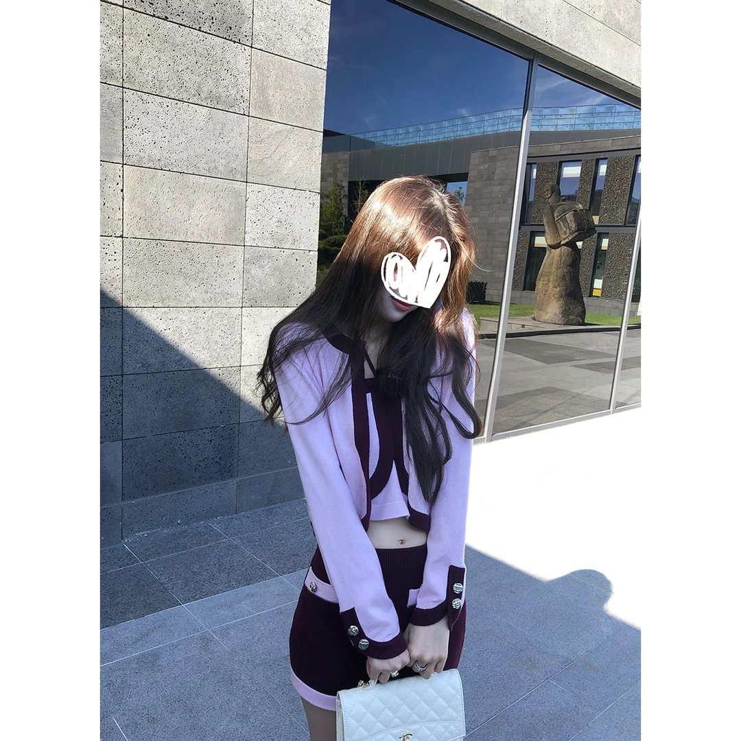 富家千金感套装女撞色针织衫背心外套短裙高级感气质小香风三件套