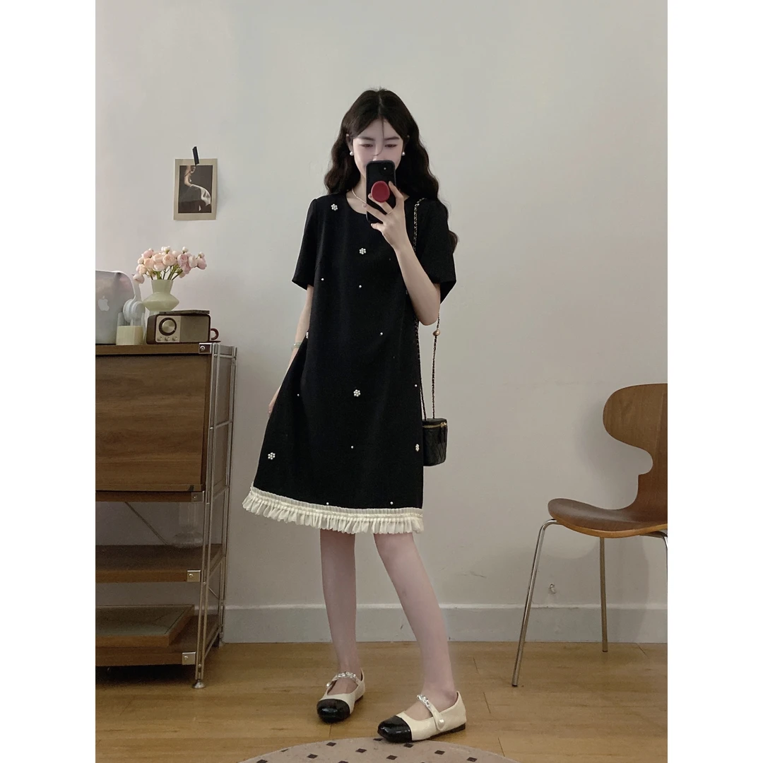 大码2025夏季新款钉珠减龄花边时尚洋气法式连衣裙子