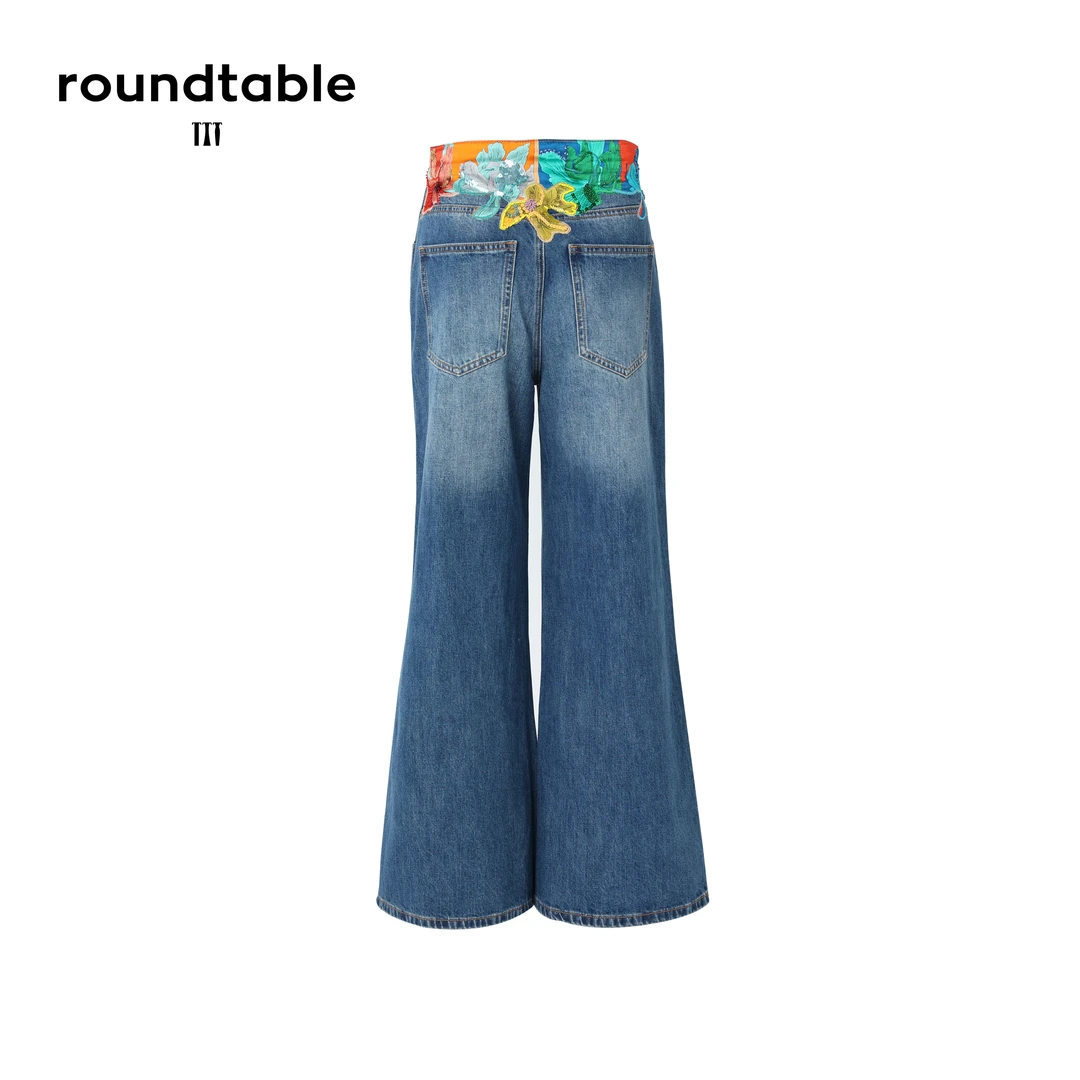 花团锦簇中筒牛仔裤休闲裤蓝色高腰直筒时尚女士印花 TFW1606361