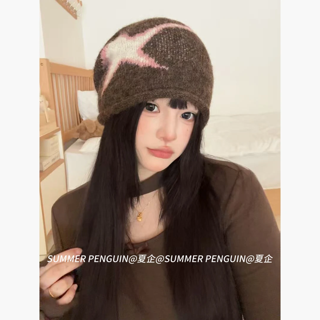SUMMER PENGUIN新款刺绣星星堆堆帽冷帽女春秋季大头围套头帽帽子