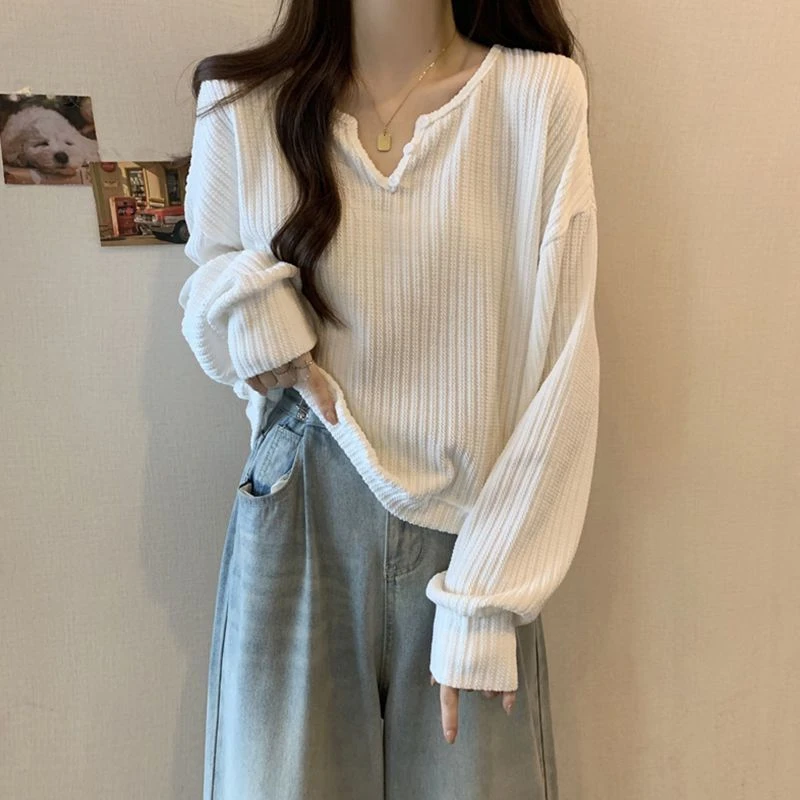 v领坑条螺纹打底衫T恤女春秋冬季内搭新款宽松显瘦大码中长款上衣