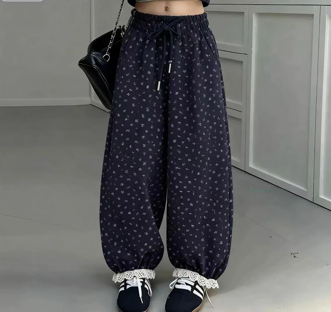 男女童秋冬季加绒加厚小碎花版松腰中大童休闲束脚高级感韩版长裤