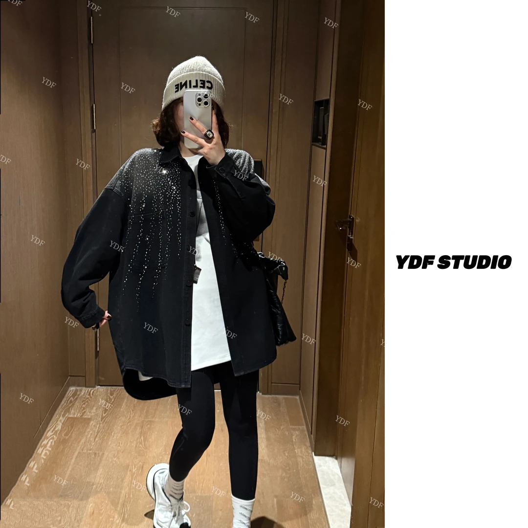 YDFSTUDIO小众【璀璨银座】欧货早秋高品重工烫钻设计时尚牛仔外套