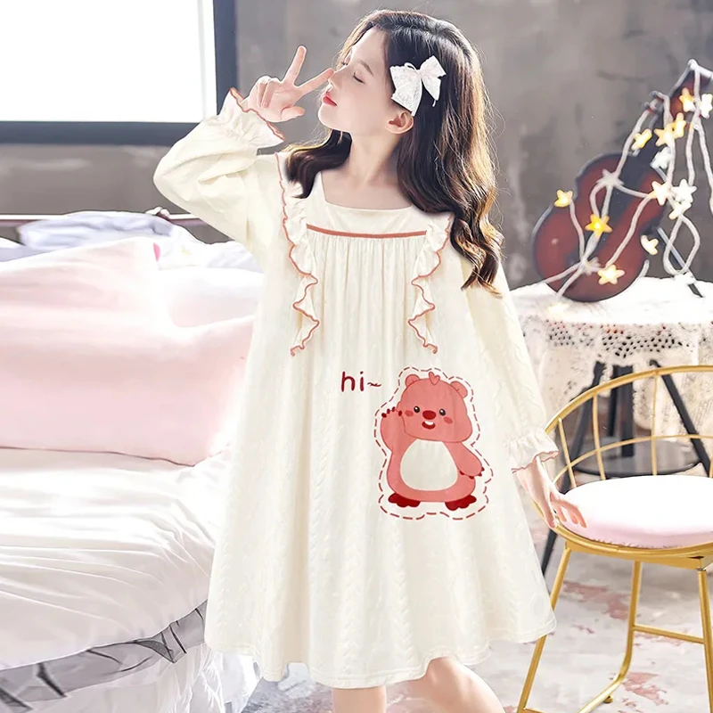 女童长袖睡裙卡通公主风方领睡衣春秋季中学生小女孩可外穿家居服