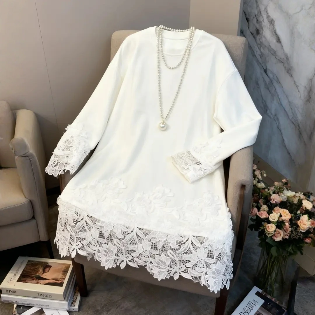 设计感小众白色蕾丝拼接长袖打底衫女秋冬新款韩版中长款百搭上衣