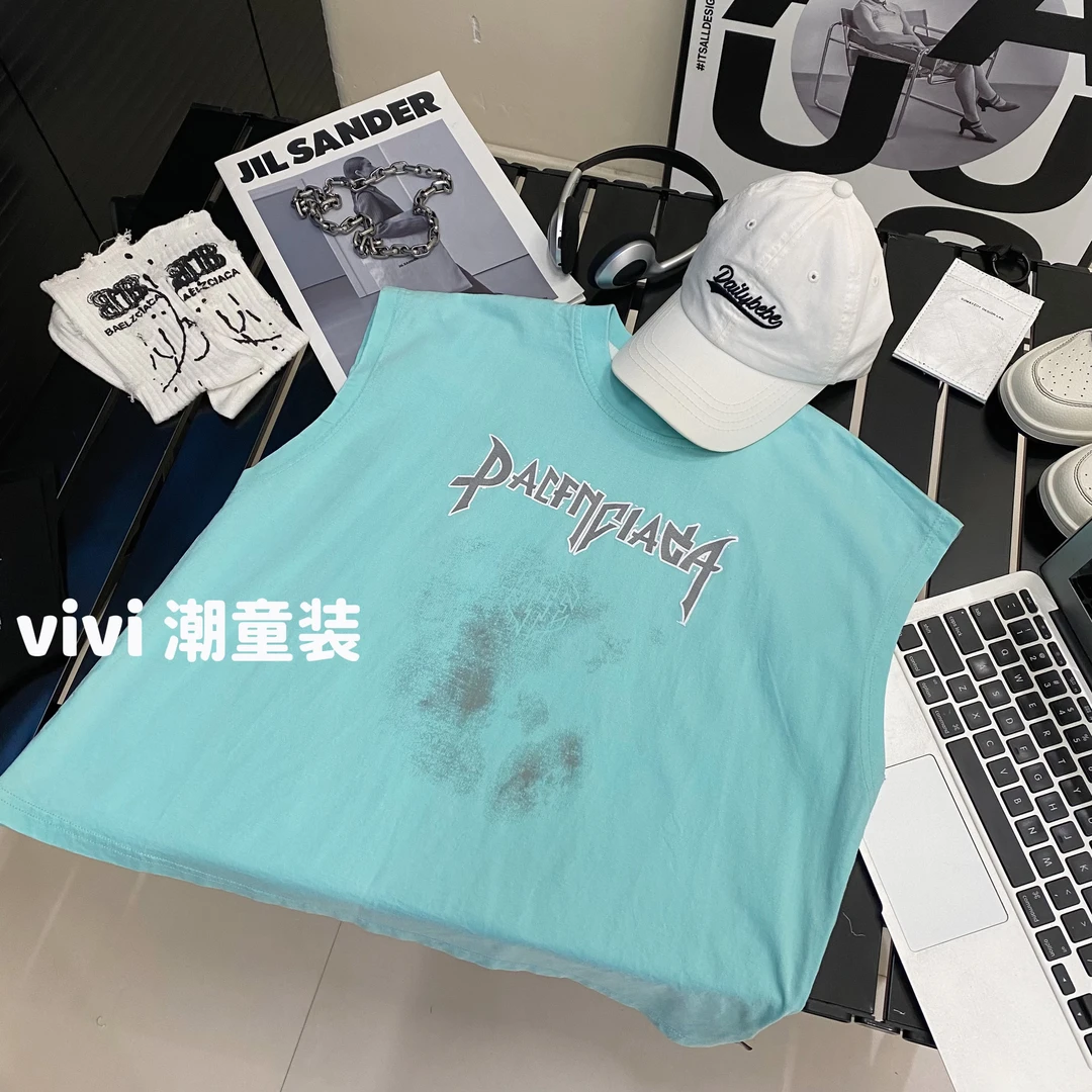 VIVI绿色童装ol2025夏季潮牌中大童水蓝色印花背心儿童