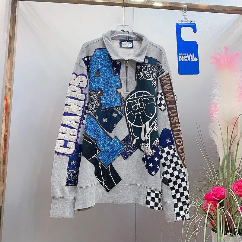 X20769泰国设计师潮牌2024秋季新款重工刺绣字母贴布休闲宽松卫衣