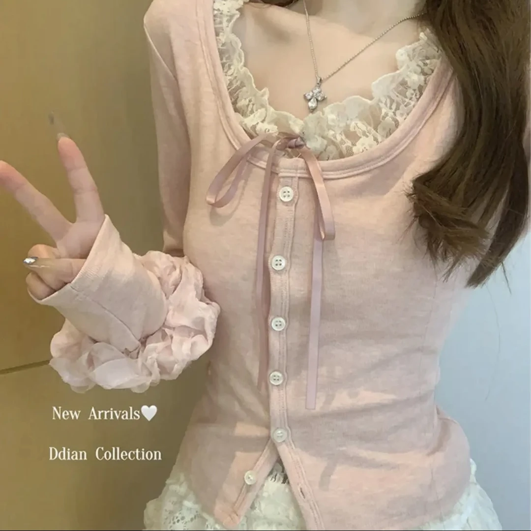 2025早春韩版蕾丝设计感纽扣蝴蝶结套头修身百搭长袖上衣女内搭