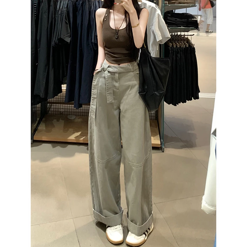 灰绿色飘带休闲阔腿牛仔裤女2025夏季新款高腰宽松显瘦垂感拖地裤