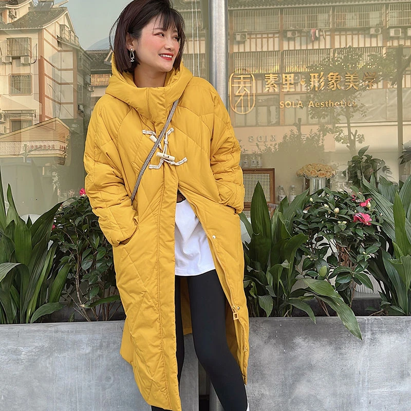 长款羽绒服菱形2024新款韩版中长款宽松连帽牛角冬季鸭绒外套