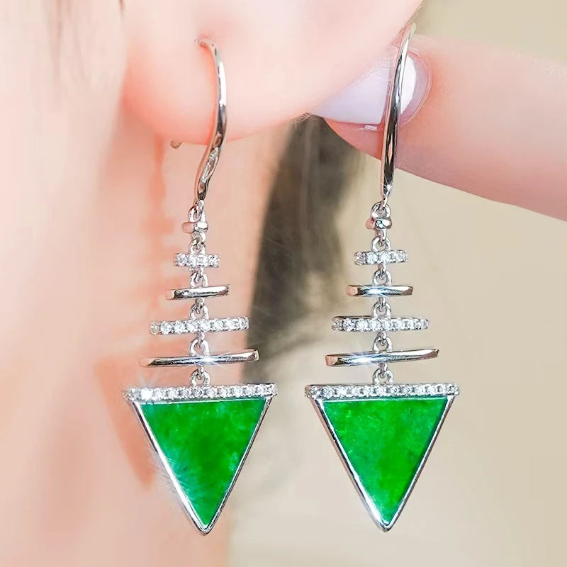 天然翡翠玉耳饰A货925银镶嵌时尚设计感鱼尾翡翠耳环耳钩