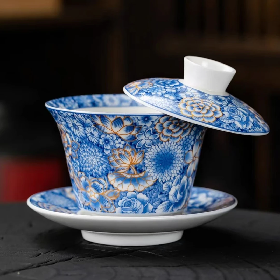 复古青花满花悬停三才盖碗