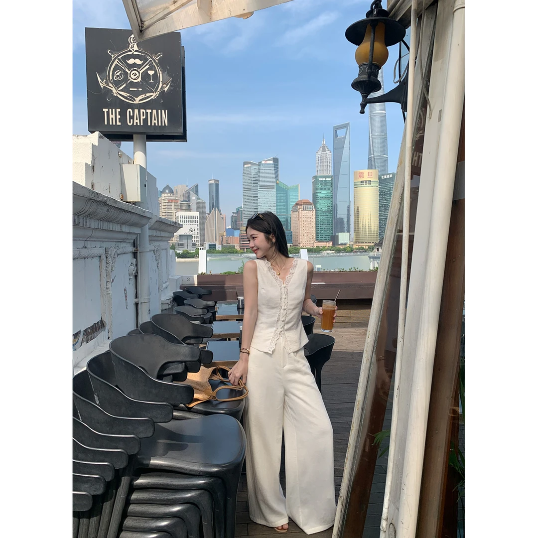 陳文文xenl【月下霜华】高级感重工蕾丝拼接上衣阔腿裤两件套女2961