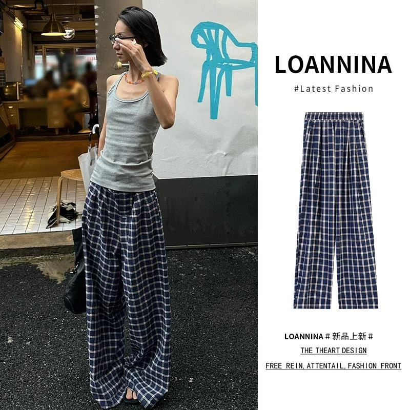 雪千羽港风藏青色格子裤子女夏薄直筒休闲长裤慵懒垂感拖地阔腿裤