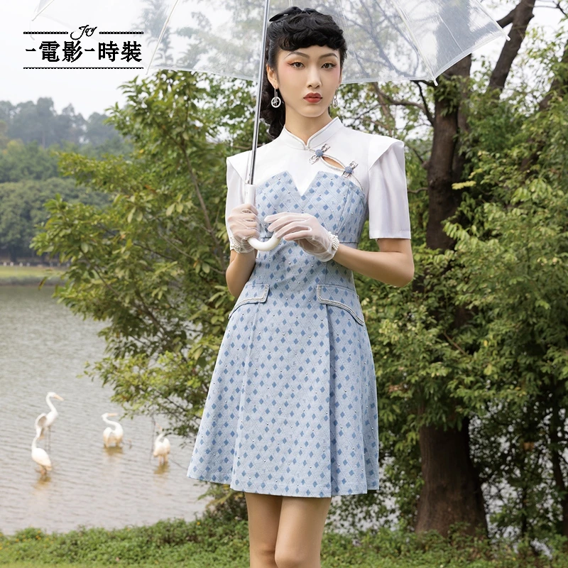 【老板娘夏天】一电影一时装a字牛仔菱格短旗袍连衣裙FEAX122519