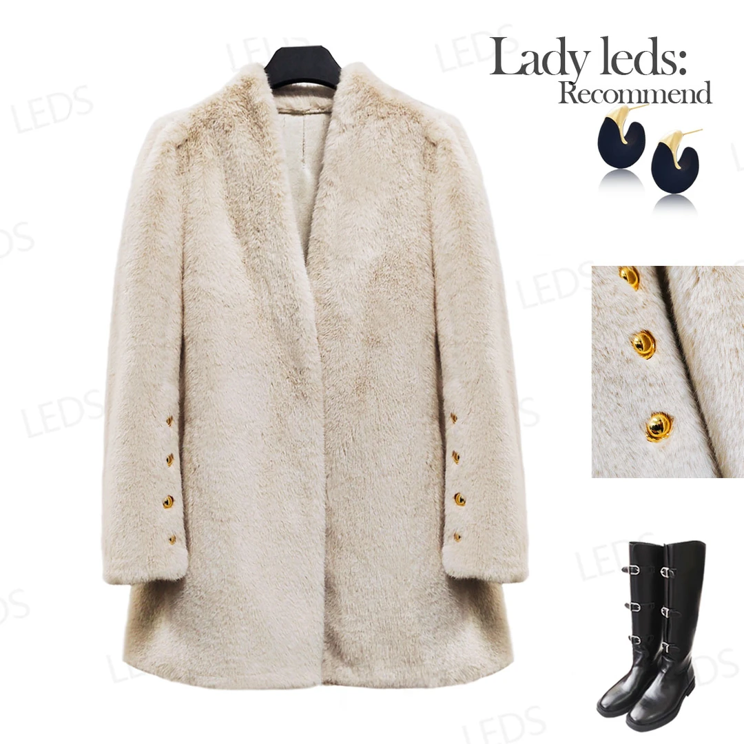 LEDS 61835冬季新款时尚百搭无领毛毛外套